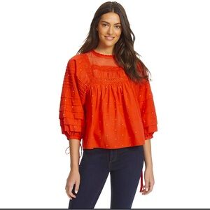 Ella Moss Vibrant Red Blouse with Embroidery